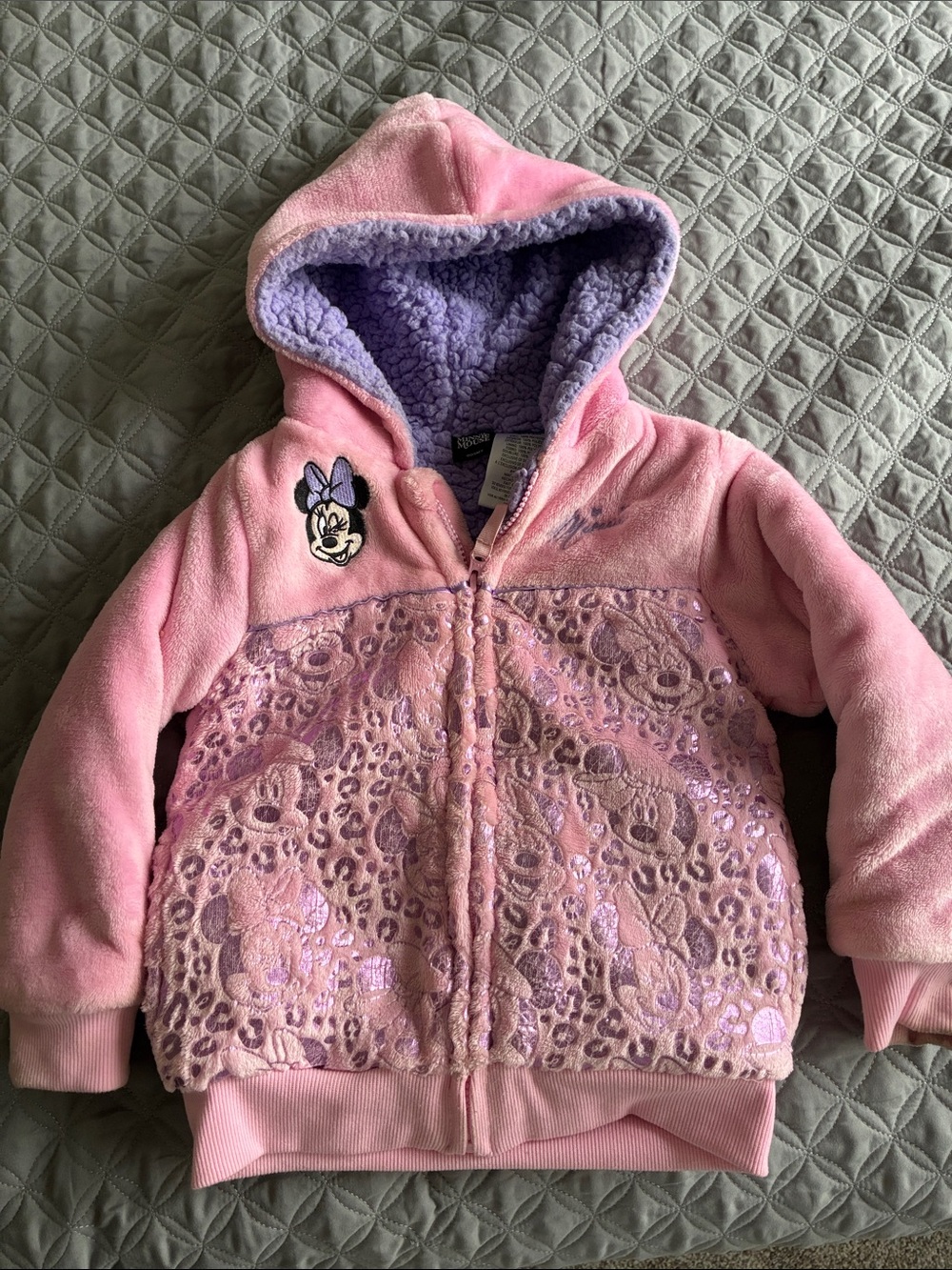 Disney Pink Minnie Mouse Hooded Plush Jacket with Purple Sherpa Lining